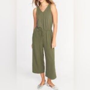 Olive green jumpsuit with tie waist size M